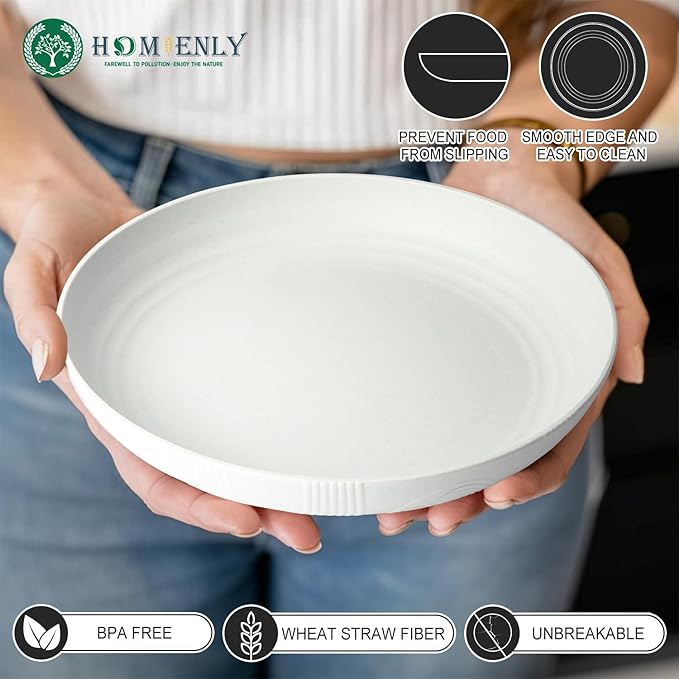 Homienly Wheat Straw Plates, 8 Inch Dessert Plates Set of 8, Unbreakable White Round Plate - Alternative to Plastic Plates, Lightweight Microwave and Dishwasher Safe Plate Set for Camping - White