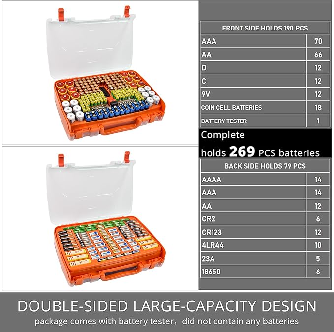Battery Organizer Storage Holder Box Case with Tester- 269 Batteries Double-Sided Variety Pack, Holds AA AAA 4A C D Cell 9V 3V Lithium LR44 CR2 CR123 CR1632 18650 Button- Orange (Box Only)