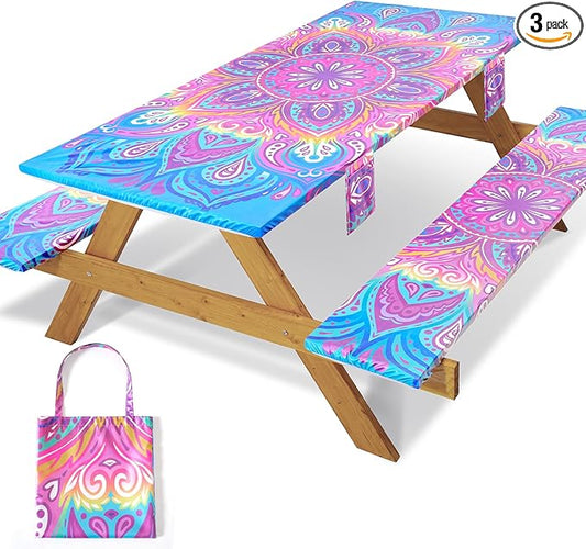 3 Piece Picnic Table Cover with Bench Covers 72x30In Fitted Elastic Heavy Duty Camping Table Cloths Camp Motorhome Gear Garden Festival Stuff Road Trip Outdoors Must Haves Gifts for Mom Dad