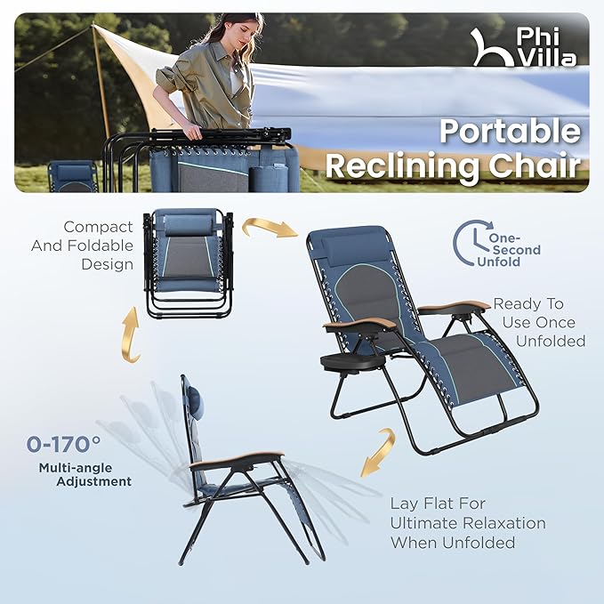 PHI VILLA XXL Oversized Padded Zero Gravity Chair, Foldable Patio Recliner, 30" Wide Seat Anti Gravity Lounger with Cup Holder, Support 400 LBS (Blue Accent)