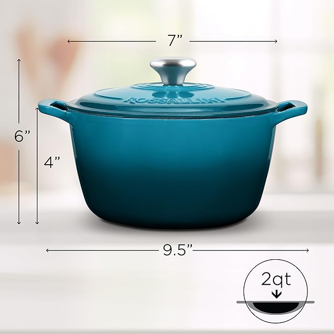 Signature Enameled Cast Iron Dutch Oven, Non-Stick Serving Pot with Tight Fitting Lid for Perfect Roasting, Baking, Sauteing, and Bread Making | 2Q (1.9L) - Ocean Blue