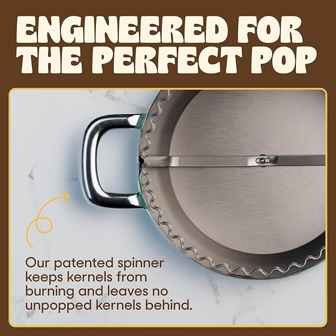 POPSMITH Mint Stovetop Popcorn Machine - 6 Quart, 10 Popcorn Kits (5 Movie Theater, 5 Kettle Corn), Stainless Steel