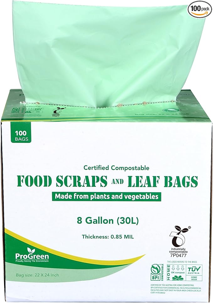 ProGreen Compostable Trash Bags, Extra Thick, Compost Kitchen Bin Bags, Food Scraps Yard Waste Bags, ASTM D6400 BPI and TÜV AUSTRIA Certified (8 Gallon, Pack of 100)