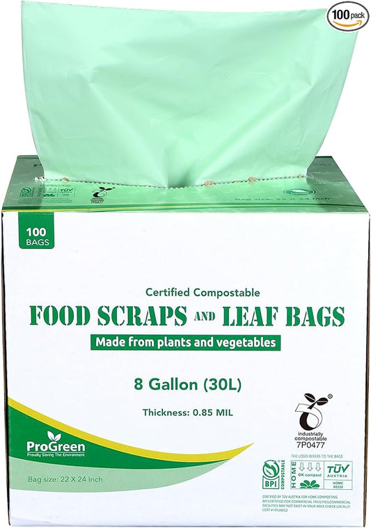 ProGreen Compostable Trash Bags, Extra Thick, Compost Kitchen Bin Bags, Food Scraps Yard Waste Bags, ASTM D6400 BPI and TÜV AUSTRIA Certified (8 Gallon, Pack of 100)