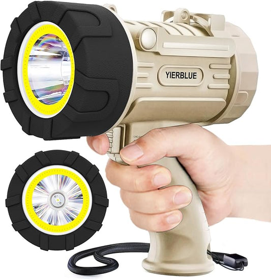YIERBLUE Rechargeable Spotlight Floodlight Combo High High Lumen LED, IP67 Waterproof Spot Light COB Flood Light, Impact Resistant Handheld Spotlight with Foldable Stand and Detachable Red Lens