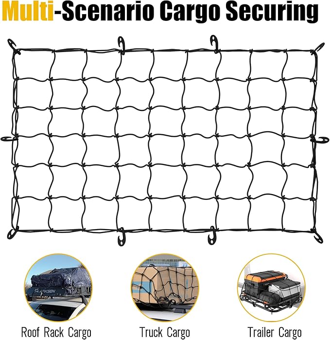 ARKSEN 36 x 60 Inch Heavy Duty Tangle-Free Nylon Cargo Net Universal Bungee Stretches with Storage Bag for Pickup Truck, Bed, SUV, & Rooftop Travel Luggage Rack