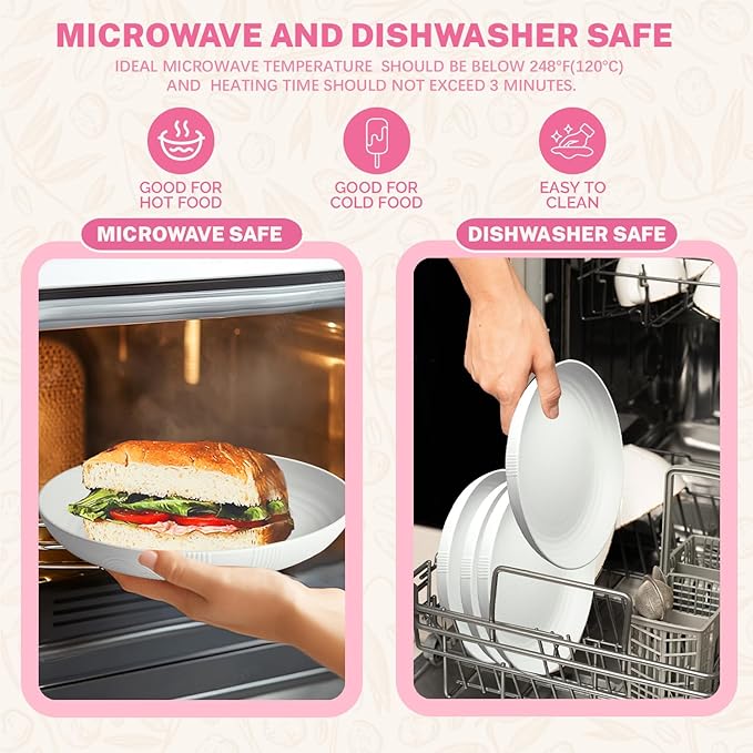 Homienly Deep Dinner Plates, Wheat Straw Plates 10 inch Set of 8, Unbreakable Plates for Kitchen, Kids, Lightweight Microwave and Dishwasher Safe Camping Plate Set for Salad, Dinner, Fruit - White