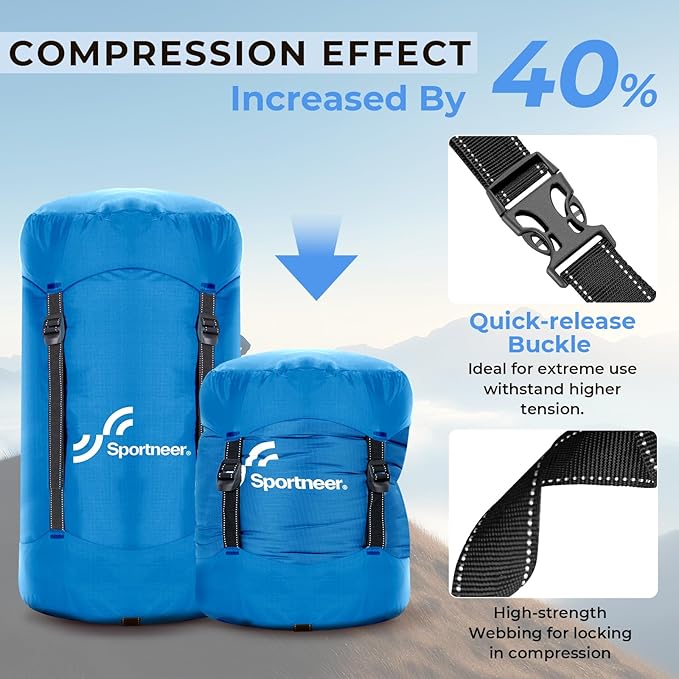 Sportneer Compression Sack, 13L/20L/40L/50L Sleeping Bag Stuff Sack, Tear-Resistant Ultralight Sleeping Bag Compression Sack-Space Saving Gear for Camping Hiking Travel