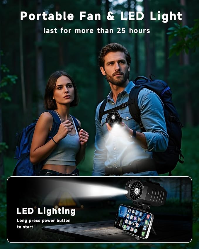 2025 Smart Portable Rechargeable Fan with LED Light & 25H Runtime, 4-Speed 9200RPM Turbo Cooling Personal Waist Fan, Wearable Neck & Belt Clip for Camping, Outdoor, Hiking - Black with Bracket