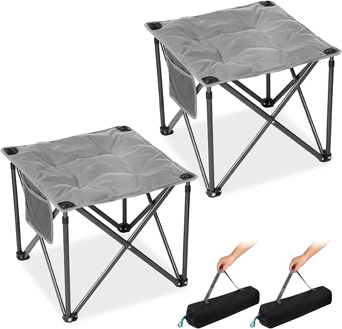 FUNDANGO Folding Camping Stool, 2 Pack 18.1 Inch Oversized Foot Stools 400 Lbs Heavy Duty Portable Padded Seat Anti-Slip Foots & Carry Bag for Fishing Outdoor Lawn Travel (Grey)