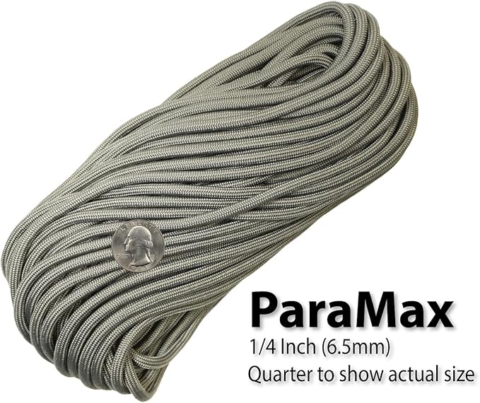 1/4" ParaMax Paracord 100 ft – 1000 lb Type IV Rope for Dog Leashes, Camping, Kayak Anchor - Made in USA - Charcoal