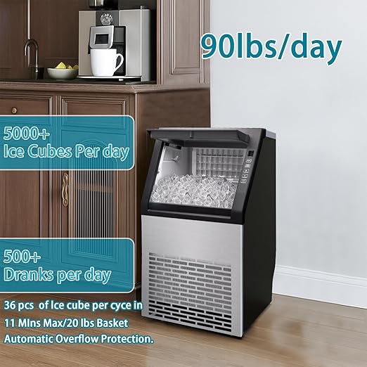 90 lbs/24H Commercial Ice Maker, 36 Cubes/11mins, 20lbs Ice Storage Capacity, Counter Ice Maker Self Cleaning, 24 Hour Timer Stainless Steel Freestanding Ice Maker Machine (100lbs/day)