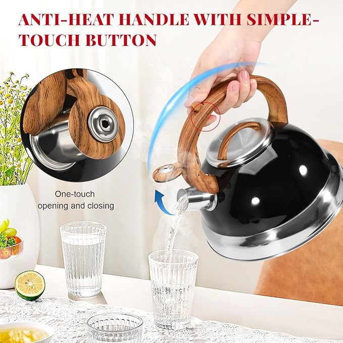 GGC Whistling Tea Kettle for Stove Tops, 3.1QT/3L Tea Kettles for Boiling Water Coffee or Milk, Stainless Steel Tea Pot with Anti-Heat Handle and Simple Touch Button to Control Kettle Outlet