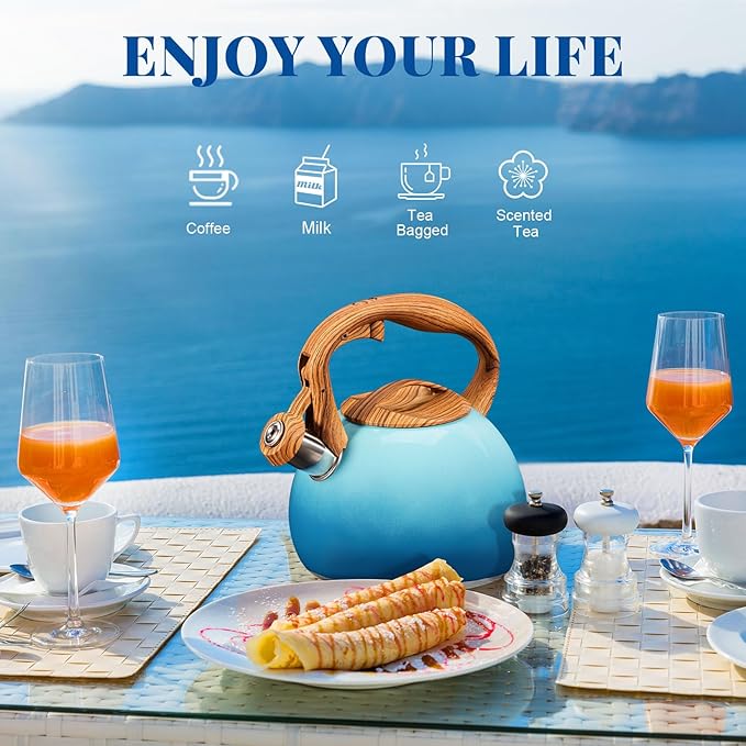 GGC Tea Kettle for Stove Top, 3.1QT/3L Whistling Tea Kettles for Boiling Water Coffee or Milk, Gradient Blue Tea Pot with Wood Parttern Handle, Stainless Steel Tea Pots for Home and Kitchen