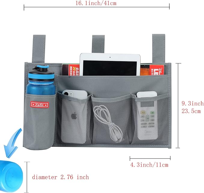 Hanging Bedside Caddy, Bedside Storage Organizer for Magazine, Phone, Remote control (5 Pockets-Grey)