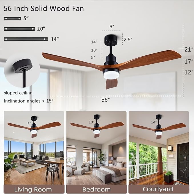 56" Wooden Ceiling Fans with Lighted Remote Control, Indoor Outdoor Wooden Ceiling Fan, Outdoor Modern Ceiling Fan with 3 Fan Blades for Patio, Living Room, Office, Hallway and More.……