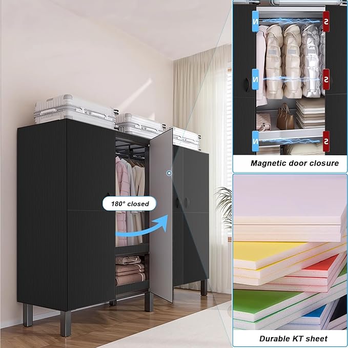 FPIGSHS Heavy Duty Clothes Rack with Magnetic Door 2000LBS Foldable Portable Wardrobe Closet for Hanging Clothing Rolling Garment Rack on Wheels for Bedroom Closet System (A（Black Door）, 41.3in)
