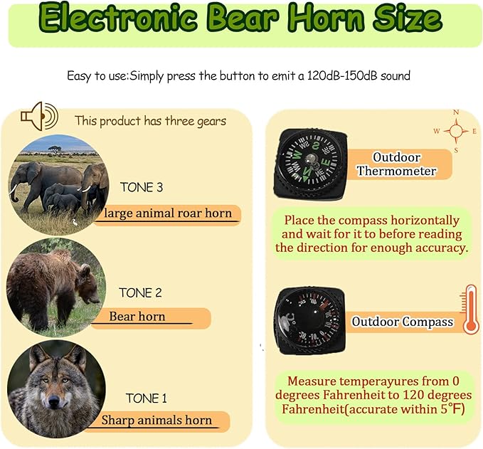 120dB Electronic Air Horn with Compass & Thermometer, Bear Horn to Scare Bears, Loud Air Horn for Safety Hiking Camping Emergency Self Defense, Electronic Whistle Bear Bells for Hiking (Orange)