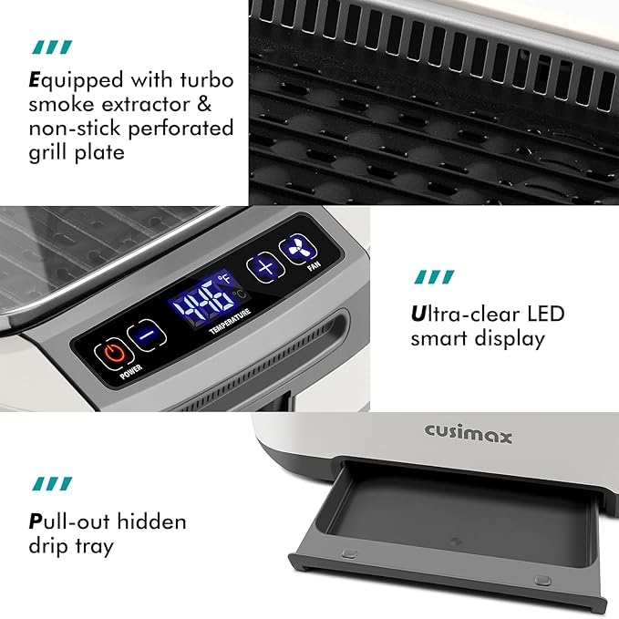 Smokeless Indoor Grill, CUSIMAX Electric Grill, 1500W Korean BBQ Grill with LED Smart Display & Tempered Glass Lid, Non-stick Removable Grill Plate, Turbo Smoke Extractor, White New Model