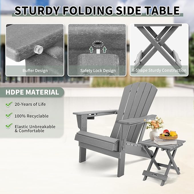 FUNBERRY Outdoor Folding Adirondack Side Table, Portable No Assembly Patio End Table HDPE All Weather