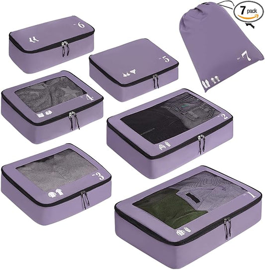 ECOHUB 7 Set Packing Cubes Tear-Resistant Luggage Packing Organizers with Number Icon for Travel Accessories Luggage Suitcase Machine Washable Packing Cubes (Purple)