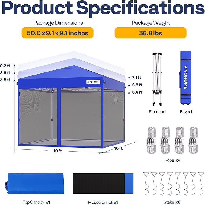 VIVOHOME 10x10ft Easy Pop-Up Canopy, Outdoor Screen Tent with Mosquito Netting, 2 Zipper Doors, and Roller Bag for Yard Camping Picnic Party Events, Blue