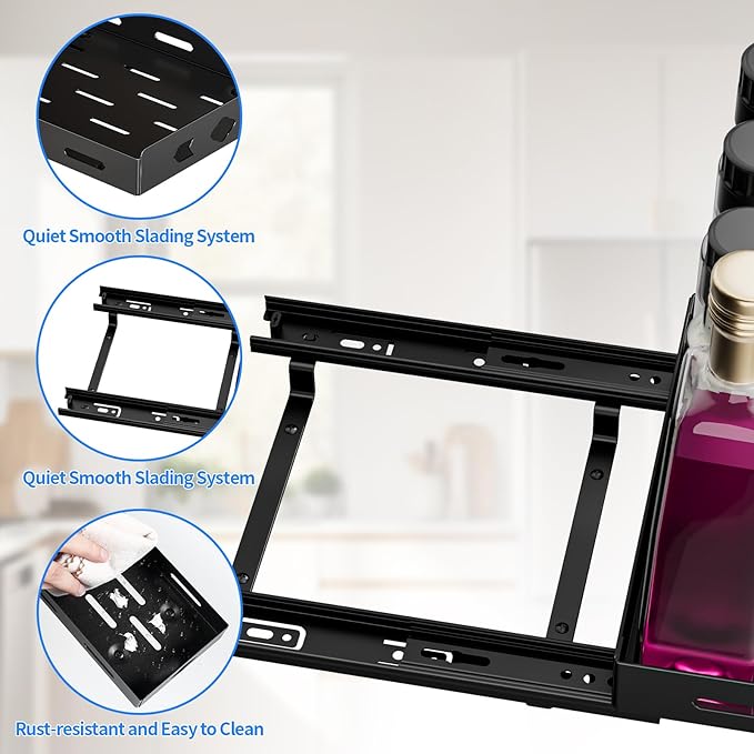 Pull Out Spice Rack Organizer for Cabinet, Heavy Duty Spice Organizer, Vertical Spice Rack Organizer for Kitchen, Cabinet, Pantry (10.5''Wx10.5''Dx2.8''H, Metal Black)