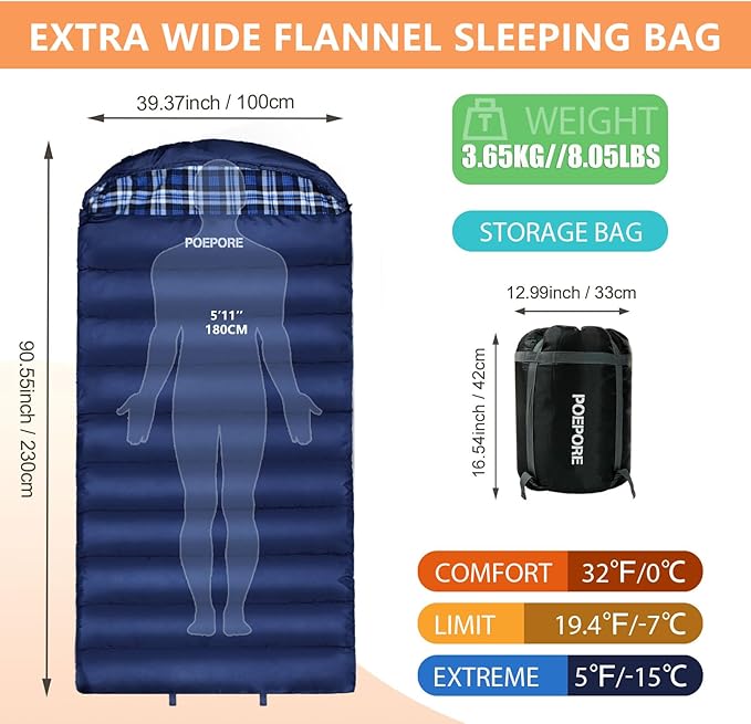 0 Degree Sleeping Bag 100% Cotton Flannel XXL Cold Weather Winter Oversized Sleeping Bag for Adults Camping Zero Degree Big and Tall with Compression Sack