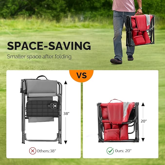 VINGLI Camping Chairs, Directors Chair, Camping Chair with Side Table & Carry Bag，Heavy Duty Camping Chairs for Adults, Portable Folding Camping Chair, Pocket for Beach, Fishing,Trip,Picnic,Lawn-Red