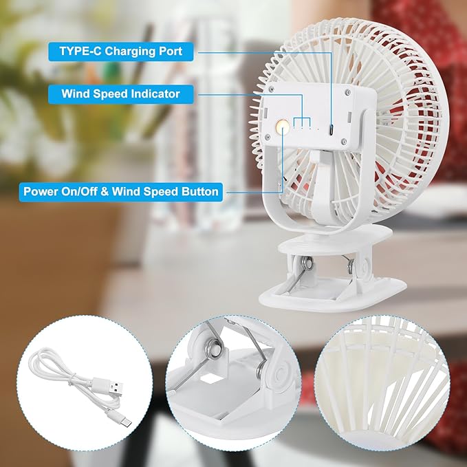 PATIKIL Portable Desk Fan, 2 Pcs Camping Fan 6 Inch with LED light 3 Speeds Strong Airflow Sturdy Clip Quiet USB Cord Powered for Tent Camping, Home and Office, White