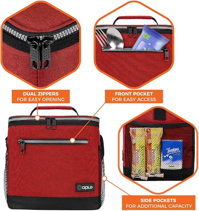 opux Extra Large Insulated Lunch Box Men Women, Lunch Bag for Work, Leakproof Soft Cooler Tote Adult, Lunch Pail, Picnic Beach Collapsible Food Bag with Shoulder Strap, Red