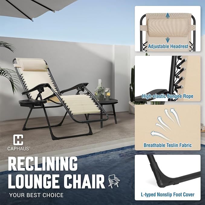 CAPHAUS Beige Zero Gravity Reclining Lounge Outdoor Chair, Zero Gravity Recliner, Anti-Gravity Chair for Indoor & Outdoor, Folding Reclining Chair w/Side Tray, Beige