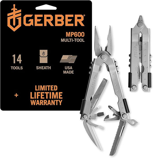 Gerber Gear Multi-Plier 600 - 14-in-1 Multitool with Sheath, Needlenose Pliers, Screwdriver, Serrated Knife, Wire Crimper, Bottle Opener, Can Opener & More - Made in USA - Stainless Steel