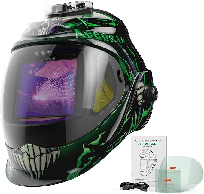 Panoramic View Auto Darkening Welding Helmet with Light, 1/1/1/1 True Color Solar Powered Welding Hood Mask, 4 Arc Sensor Wide Shade for TIG, MIG, ARC, Cut, Grinding, AC-28800G-DT