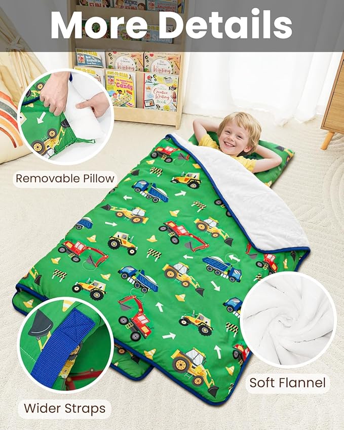Primlect Toddler Nap Mat with Removable Pillow and Flannel Blanket, Portable Kids Sleeping Bag, Easy to Carry on The Go, Perfect for Daycare, Preschool, Boys and Girls, 12 Months - 6 Years