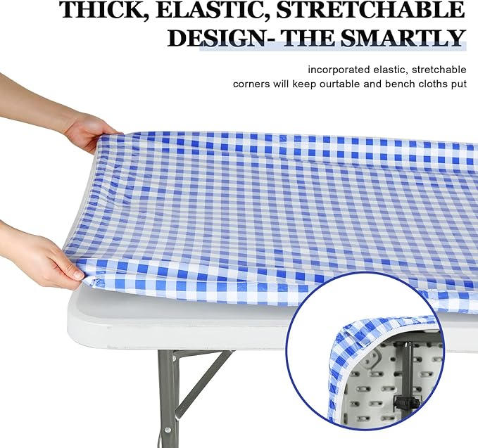 3 Pcs Plastic Picnic Table Cover Checkered Tablecloth Fitted Rectangular Table Cloth 30 x 72 Inch Vinyl Waterproof Flannel Backed with Elastic Rim for Indoor Outdoor Picnic Party(Blue and White)