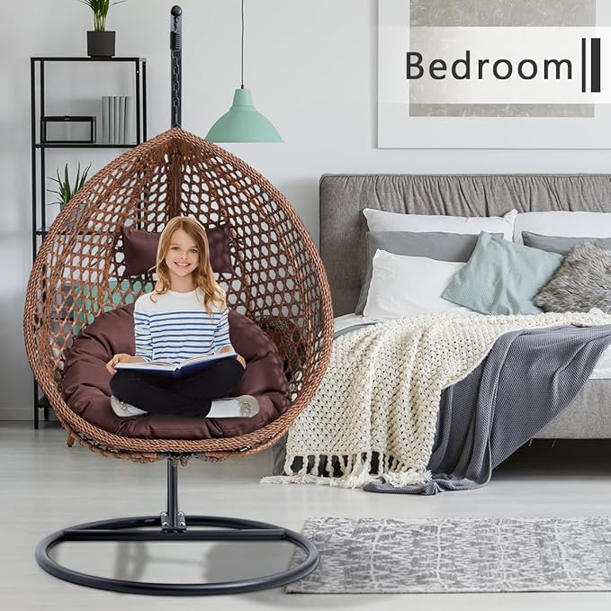 JUFU Egg Swing Chair with Stand,Hanging Egg Chair Indoor Outdoor,Hammock Hanging Basket Chair with Aluminum Steel Frame，Patio Egg Chair with Removable Cushions for Patio Balcony Backyard,Bedrooms