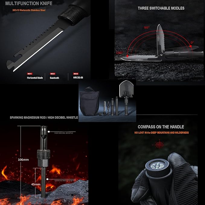 TENSURELING Survival Shovel, Folding Camping Shovel, High Carbon Steel Military Tactical Trench Spade with Pickaxe, Multitool Entrenching Tool for Off Road, Gardening, Metal-Detecting, Digging