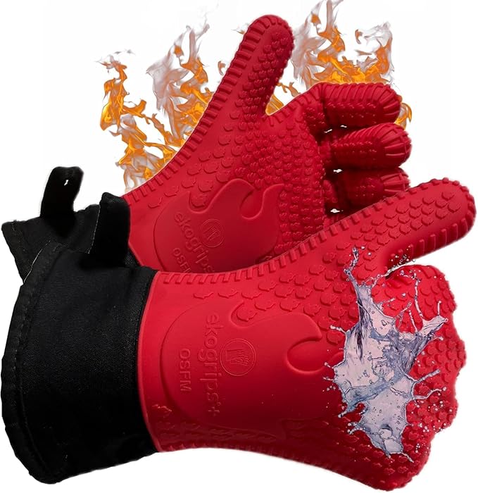 Ekogrips+ Premium Silicone Oven Mitts - Comfy, Waterproof, Heat Resistant BBQ Gloves for Grilling, Long Cuff for Added Protection, 5 Finger Dexterity, 3 Sizes, 4 Colors, S/M, Red