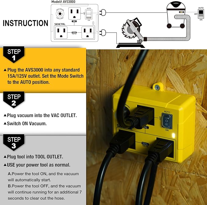 Automatic Vacuum Switch for Power Tools to Turn Dust Collector On and Off Automatically, Auto Switch for Woodworking Table Saw, Delay Shut Off Shop Vac, Safety Overload Circuit Breaker
