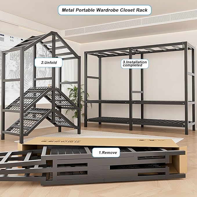 FPIGSHS Heavy Duty Clothes Rack with Magnetic Door 2000LBS Foldable Portable Wardrobe Closet for Hanging Clothing Rolling Garment Rack on Wheels for Bedroom Closet System (A（Black Door）, 33.4in)