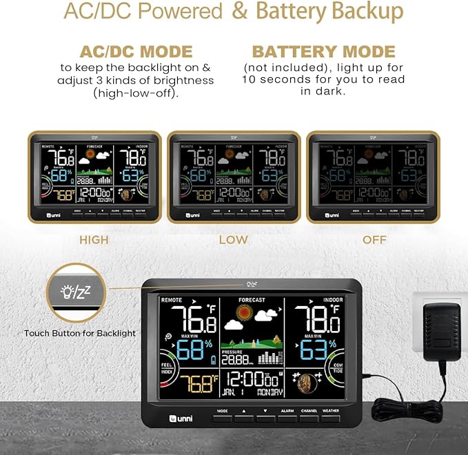 Weather Station Wireless Indoor Outdoor Thermometer with Heat Dew Mold, Thermometer Inside Outside Atomic Clock with Pressure Black