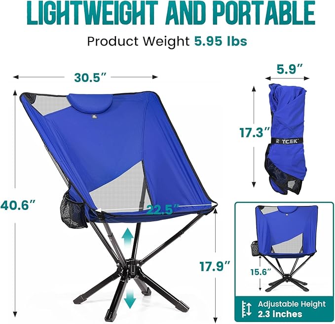 Portable High Back Camping Chair with Adjustable Height, Small Compact Outdoor Folding Chair for Adults Travel, Riselite Collapsible Lightweight Packable Camp Chairs, Easy Carry and Quick Setup
