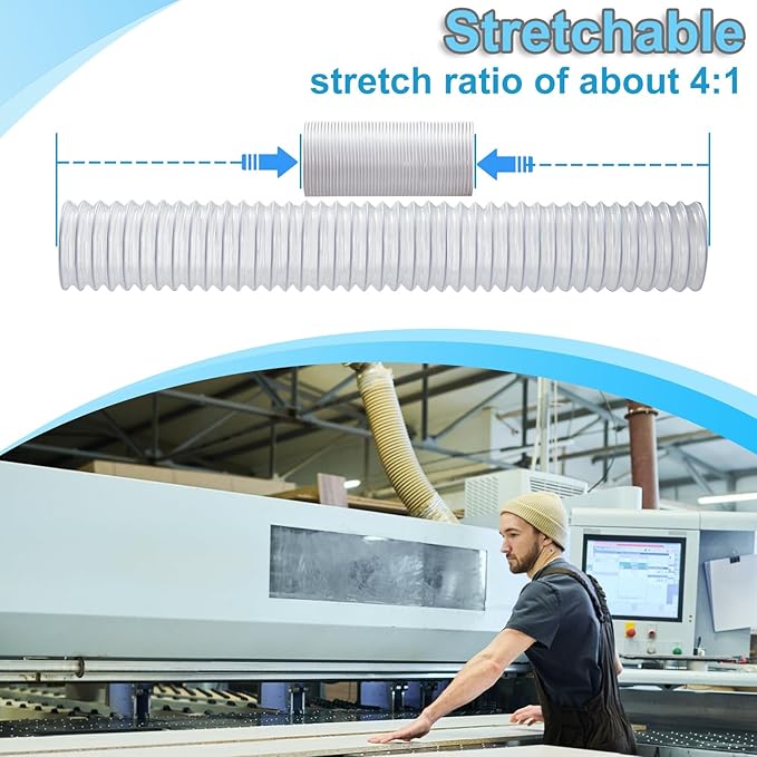 2 1/2 x 20’ Heavy Duty PVC Clear Flexible Dust & Fume Collection Hose with Carbon Steel Wire Coil, Puncture Resistant Hoses for Collectors