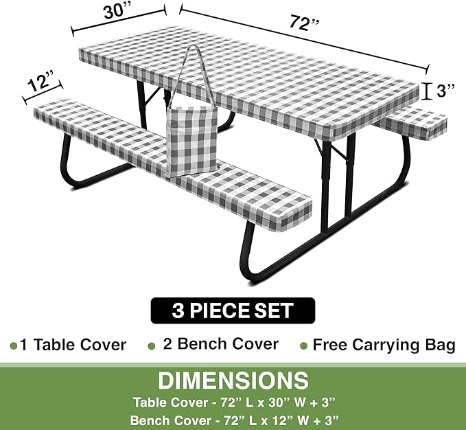 Hudson Comfort Picnic Table Cover with Bench Covers – 500 GSM Reusable Heavy Duty Vinyl Outdoor Table Cover - Waterproof Picnic Tablecloth with Carry Case (Gray, 72 Inch (6 Feet))