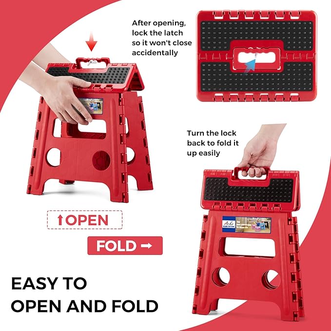 ACKO Folding Step Stool - 13" Height Premium Heavy Duty Foldable Stool for Kids and Adults, Kitchen Garden Bathroom Stepping Stool (1 Pack) Dot Red
