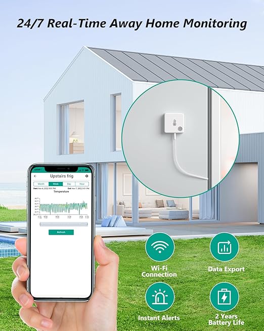 WiFi Freezer Thermometer Alarm, Email Alert, App Notification, 2-Years Data Export, No Subscription Fee, 2 Remote Temperature Sensors for Refrigerator, Freezer, Hot Tub
