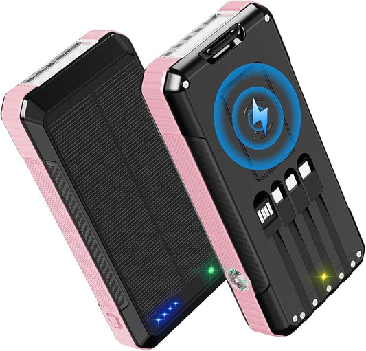 Solar Charger Power Bank 49800mAh, Portable Phone Charging Built-in 4 Cables 22.5W Fast Charging for Cell Phones, Type-C input/Output Port Solar Panel Charger with Dual Flashlights&Compass for Camping