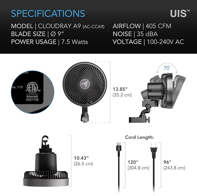 AC Infinity CLOUDRAY A9, Grow Tent Clip Fan 9” with Redesigned Long-Life EC Motor, Custom 10 Dynamic Wind Speeds, Weatherproof IP-54, Manual Swivel, for Hydroponics Circulation Cooling