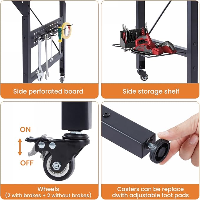48'' Adjustable Workbench with Pegboard, Heavy Duty Wooden Desktop Workbench with Wheels, 2000 lb. Load Capacity, Rolling Workbench with AC/USB Outlet, Hooks, Shelf, for Garage, Workshop, Office, Home